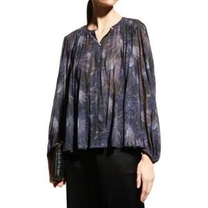 Vince Deco Floral Print Sheer Pleated Blouse Blue Purple Dark Romantic Artsy M